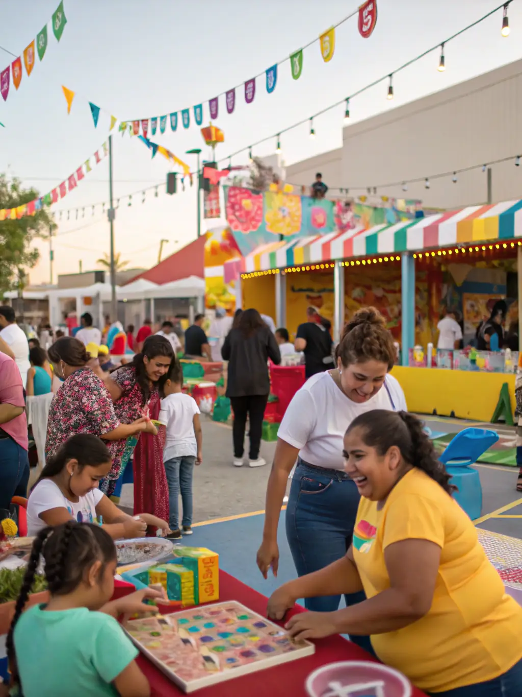 A photograph of a community gathering or festival at ASS GESTION SALLE POLYVALENTE, showing people of all ages enjoying food, music, and activities.