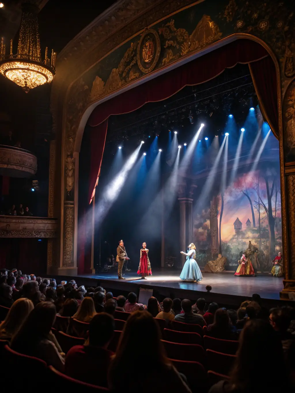 A captivating image of a theatrical performance taking place on the venue's stage, with actors in costume and stage lighting, highlighting the venue's role in hosting theatrical productions.