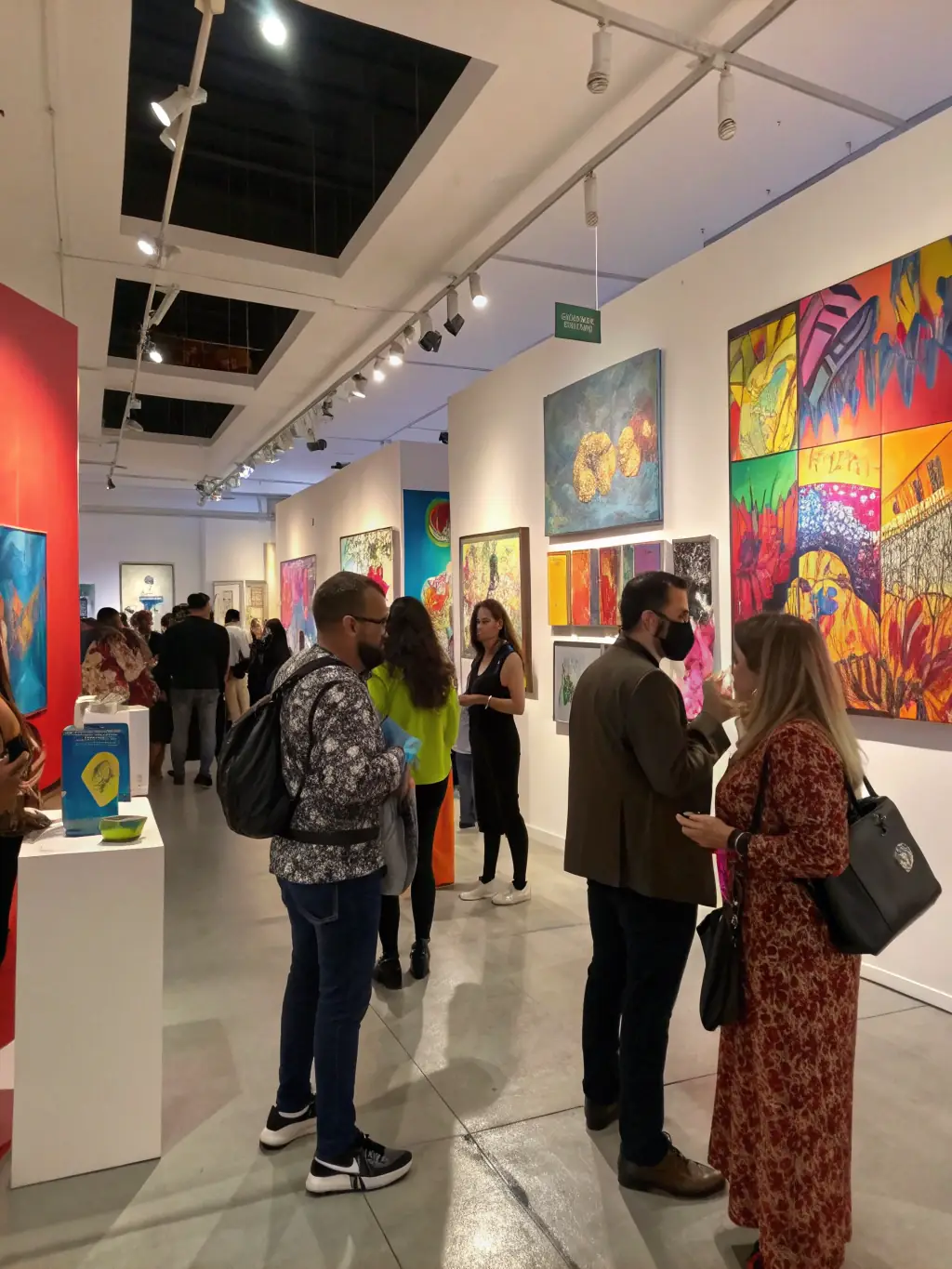 A photograph of an art exhibition at ASS GESTION SALLE POLYVALENTE, showcasing diverse artworks and attendees appreciating the displays.
