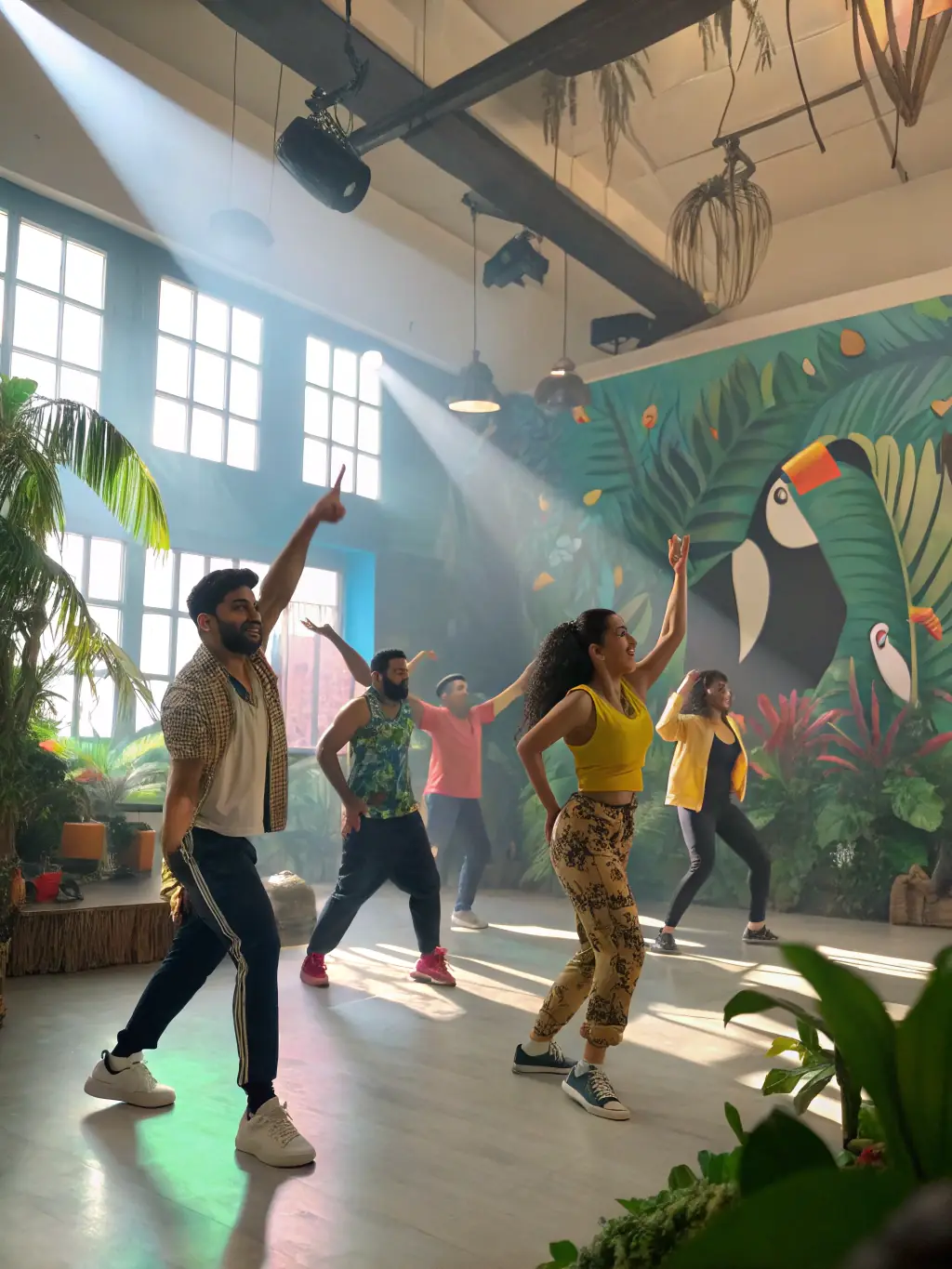 A vibrant photograph capturing a dance workshop in progress at ASS GESTION SALLE POLYVALENTE, showcasing participants of all ages learning new moves with enthusiasm.