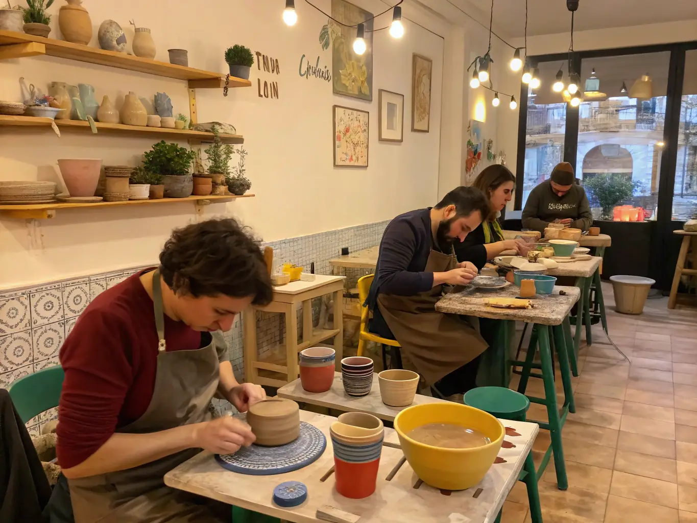 A brightly lit image of a pottery workshop in progress at the venue, with participants creating unique ceramic pieces.