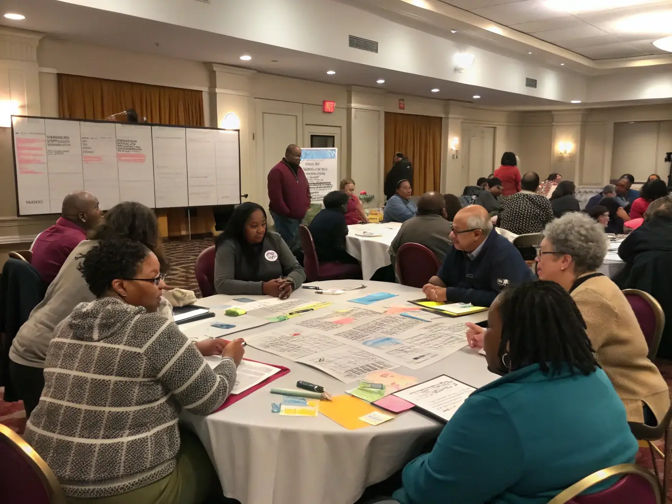 A photograph of a community meeting taking place in the venue, with people actively engaged in discussion and collaboration.