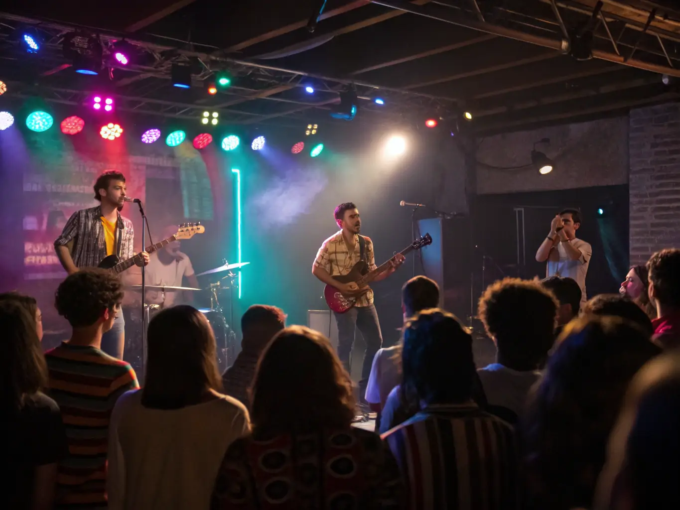 A vibrant photograph of a local band performing live on stage at ASS GESTION SALLE POLYVALENTE, with an enthusiastic audience in the background.